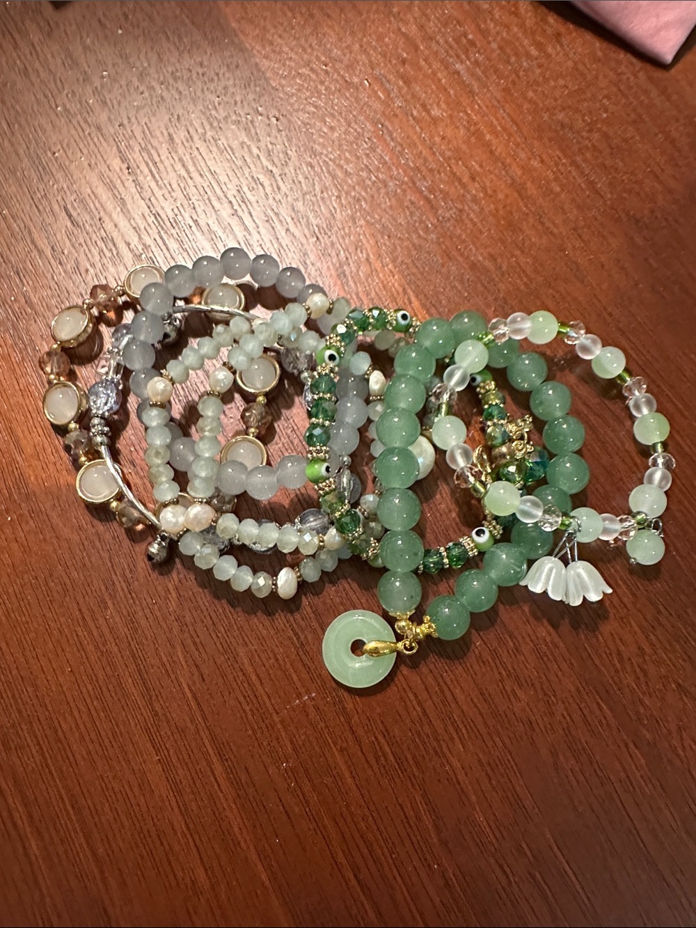 Green Beaded Stretch Bracelet Set - Multi-Green Gemstone Stack